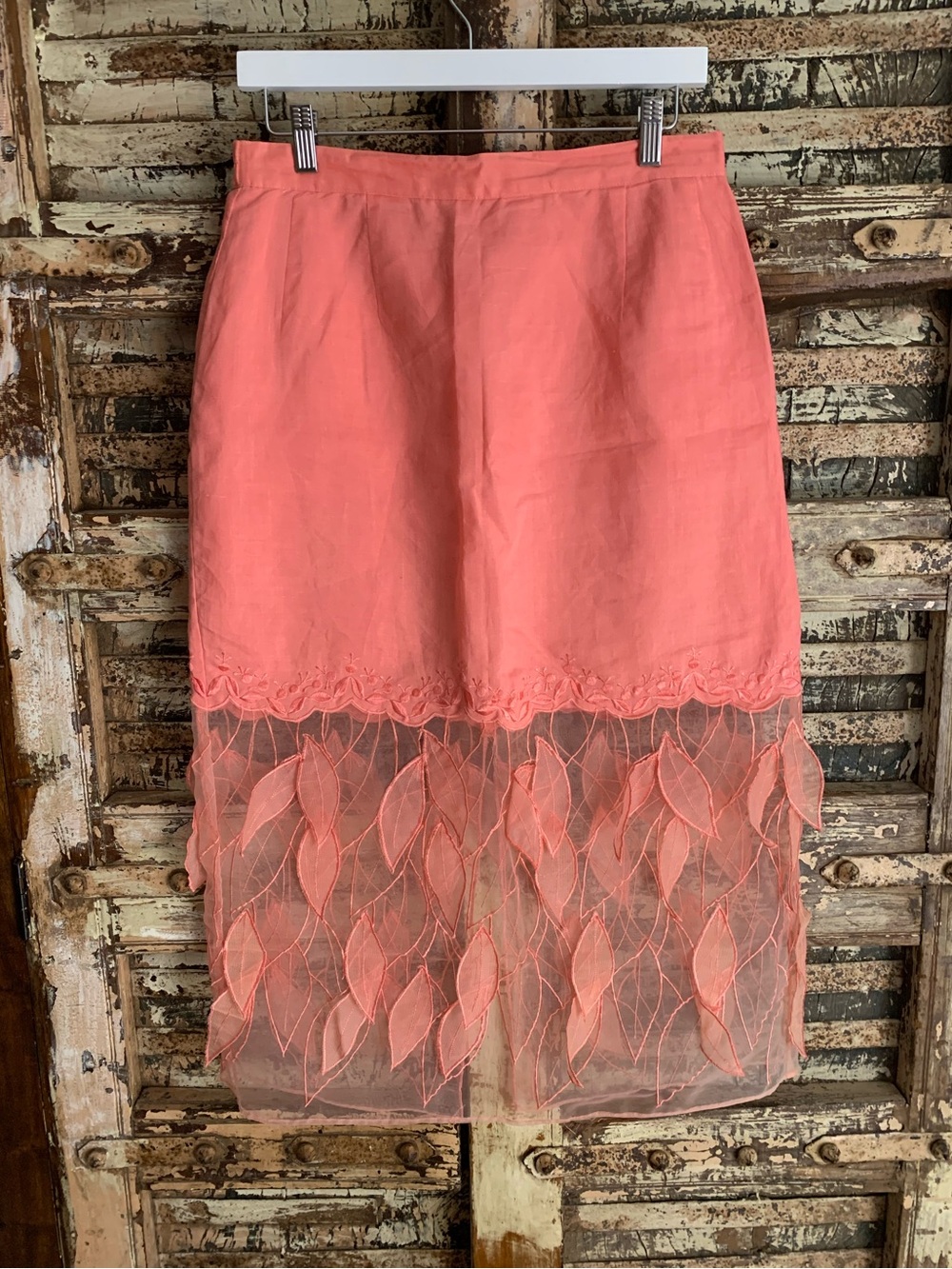 Coral Embroidered Leaf Lace Hem Midi Skirt, 100% linen, Sheer Bottom, 12